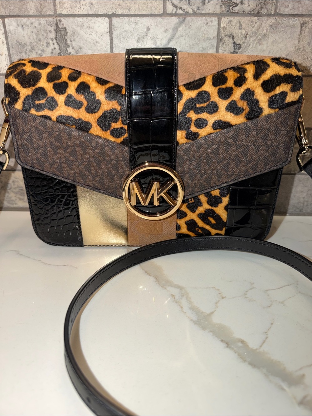 Michael Kors Carmen Patchwork Crossbody in Brown, Black & Gold with Leopard